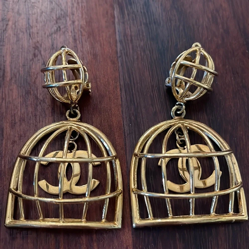 Chanel Large Birdcage 1990’s Gold Earrings with Box CC Vintage Iconic
